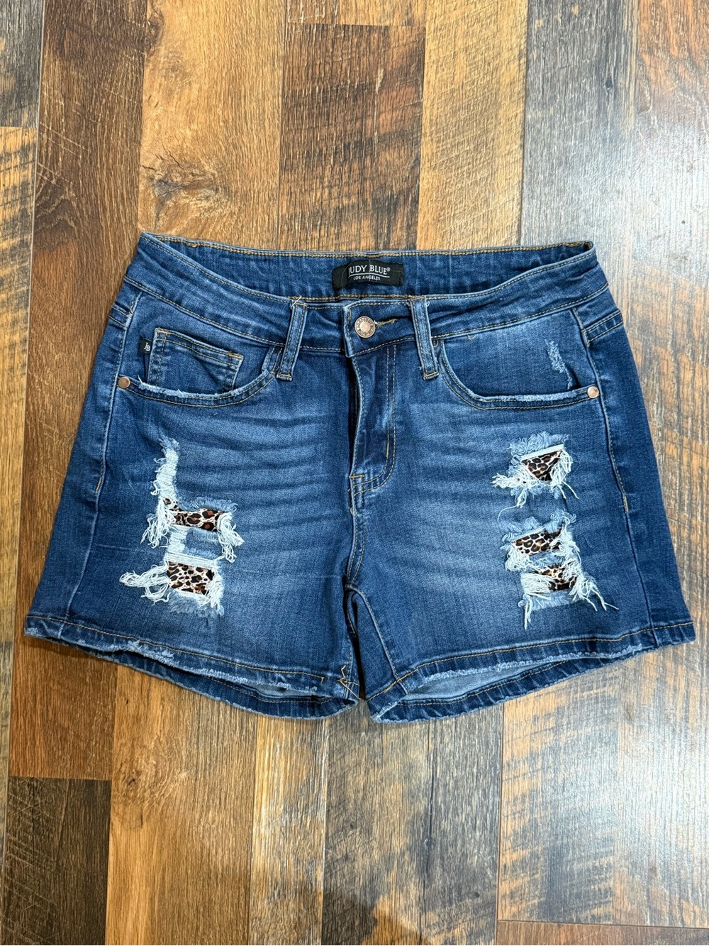 Judy Blue Distressed Dark Wash Leopard Detail Denim Shorts